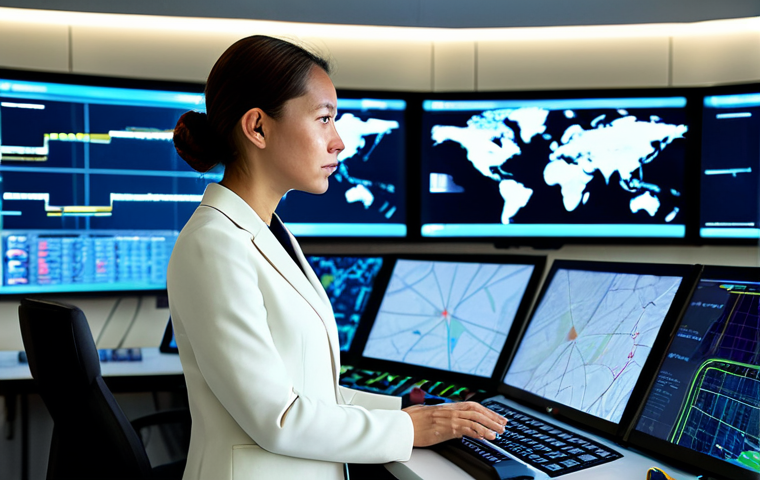 A professional female urban planner, mid-30s, dressed in a modest, contemporary business suit. She stands in a high-tech urban planning control room, with large, holographic-like screens displaying intricate city data visualizations: interactive maps showing traffic flows, public transport networks, green spaces, and demographic overlays. The room is modern, clean, and well-lit with ambient light from the screens. She is looking thoughtfully at a screen, one hand gently resting on a digital console, conveying focus and expertise. High-resolution professional photography, cinematic lighting, vibrant but natural colors, realistic details, sharp focus, perfect anatomy, correct proportions, natural pose, well-formed hands, proper finger count, natural body proportions, safe for work, appropriate content, fully clothed, professional dress, modest clothing, family-friendly.