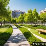 도시계획 설계 실무 팁 - A vibrant urban public park in a Spanish city during a sunny afternoon, featuring well-distributed g...