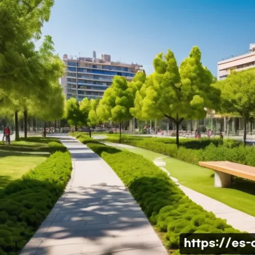 도시계획 설계 실무 팁 - A vibrant urban public park in a Spanish city during a sunny afternoon, featuring well-distributed g...