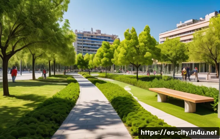 도시계획 설계 실무 팁 - A vibrant urban public park in a Spanish city during a sunny afternoon, featuring well-distributed g...