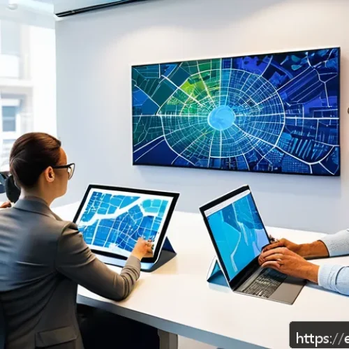 도시계획 전문가의 업무 효율화 방법 - A modern urban planning office scene in Spain, featuring diverse professionals collaborating around ...