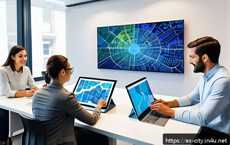 도시계획 전문가의 업무 효율화 방법 - A modern urban planning office scene in Spain, featuring diverse professionals collaborating around ...
