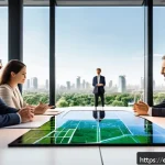 도시계획 설계 업무에서의 고객 관리 - A modern urban planning meeting scene inside a bright, spacious office with diverse professionals in...