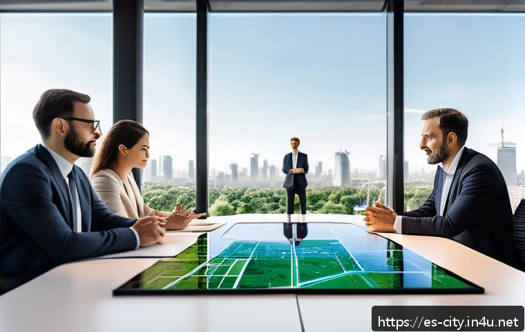 도시계획 설계 업무에서의 고객 관리 - A modern urban planning meeting scene inside a bright, spacious office with diverse professionals in...