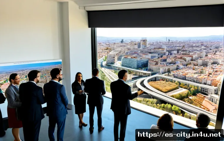 도시계획 실무에서의 네트워크 구축 방법 - Photorealistic urban planning networking workshop in a modern municipal meeting room in Madrid, dive...