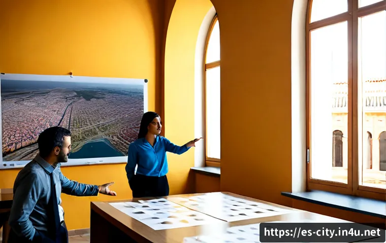 도시계획 관련 실무 기술 습득 방법 - Photorealistic urban planning workshop in a bright municipal studio in Spain, diverse adult professi...