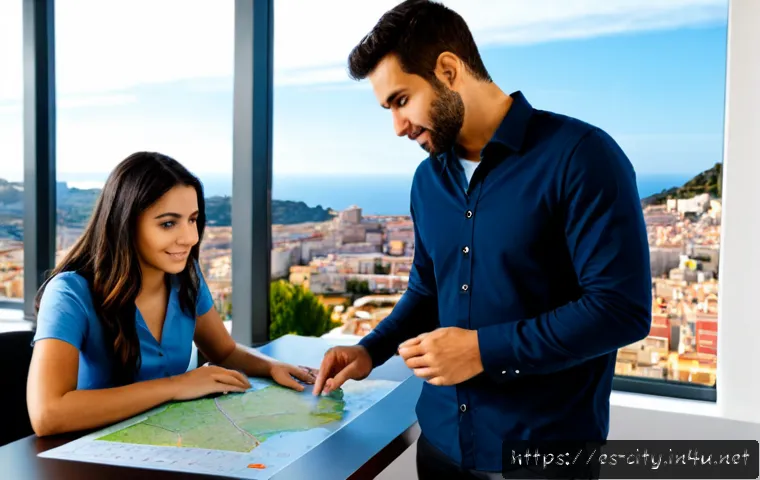 Home 17 도시계획 자격증 취득 후 경로 - Photorealistic Spanish urban planning graduate in a smart-casual outfit reviewing a large city zonin...